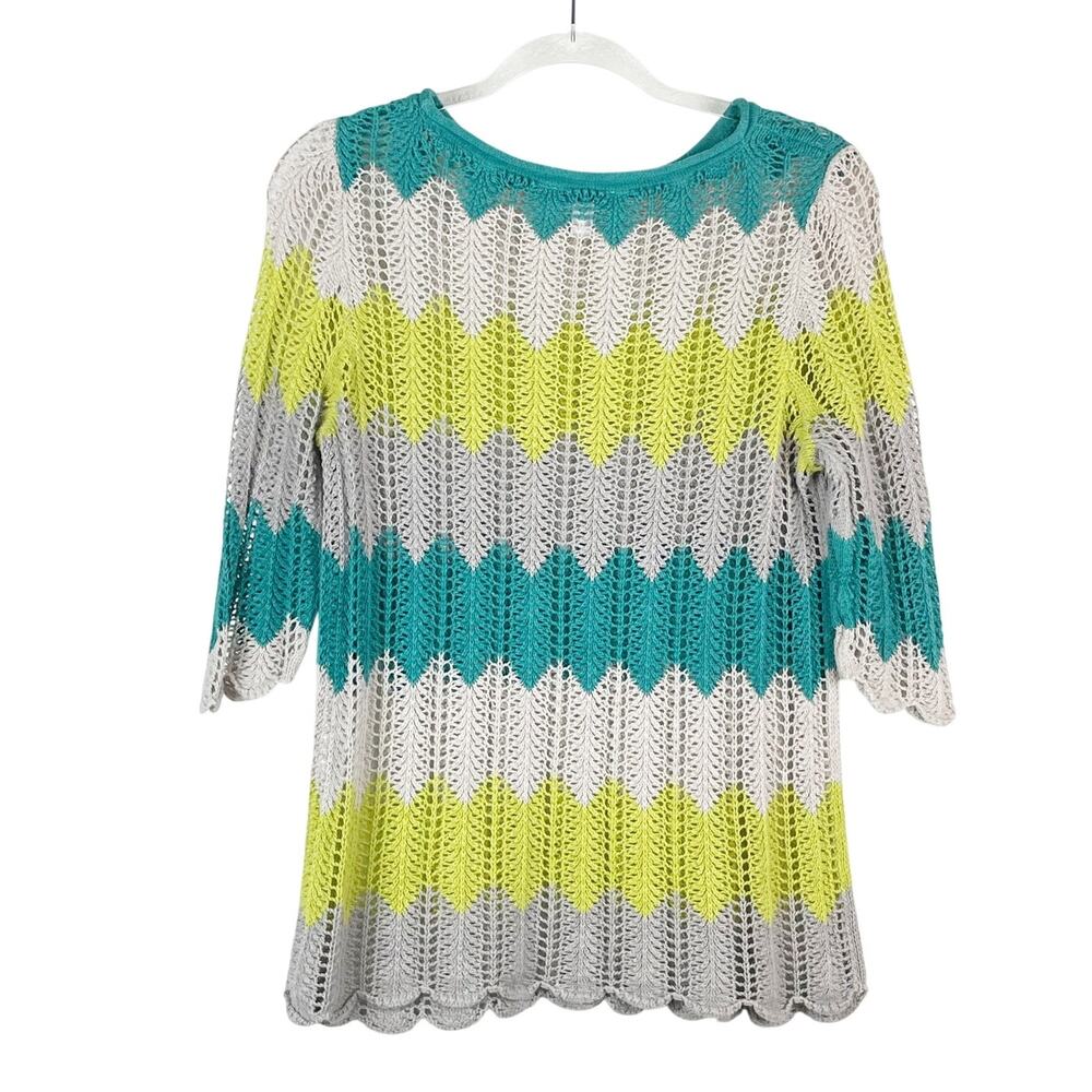 St. John's Bay Women's Blue Lime Green Gray Open Knit Top Sz PL Pullover Summer